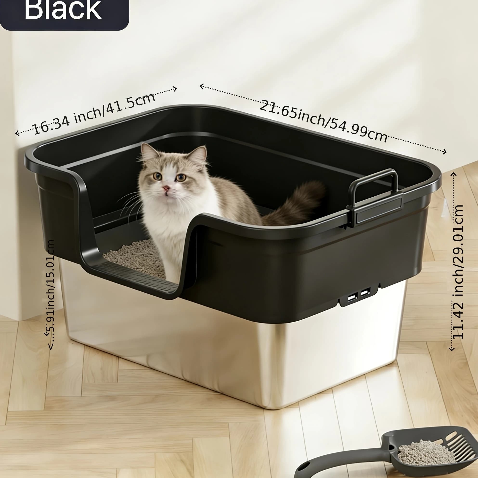Lettiera per Gatti in Acciaio Inossidabile con Coperchio e Bordi Alti, Lettiera XL Extra Large per Gatti Grandi, Lettiera Metallica per Gatti con Antiscivolo