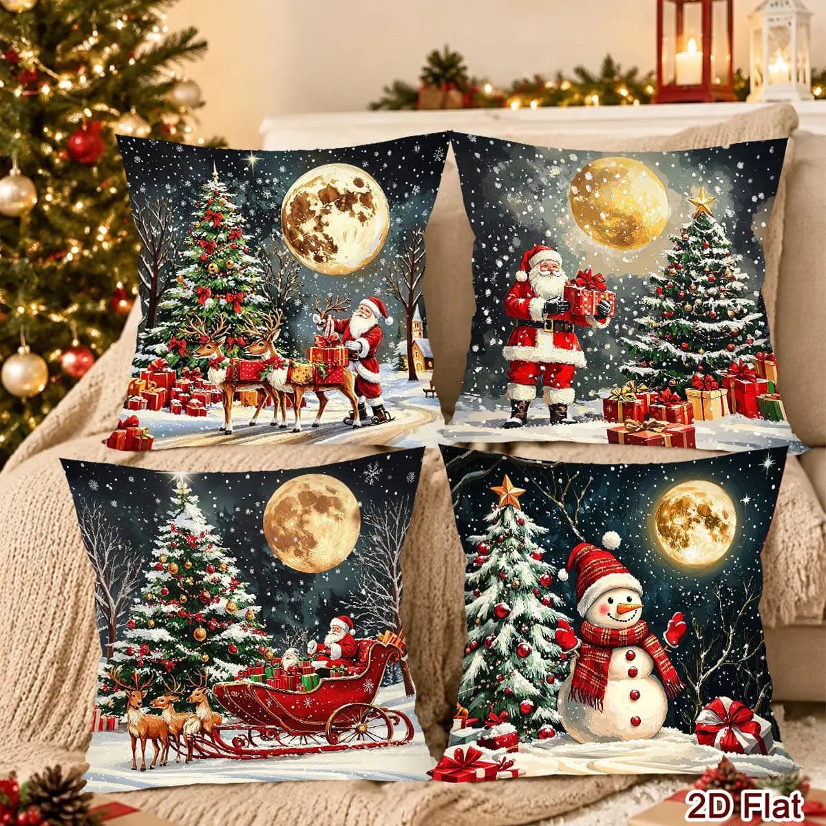 4pcs Merry Christmas Pillow Covers Xmas Tree Santa Polyester Throw Pillow Covers Christmas Decor for Home 2026 New Year Gifts