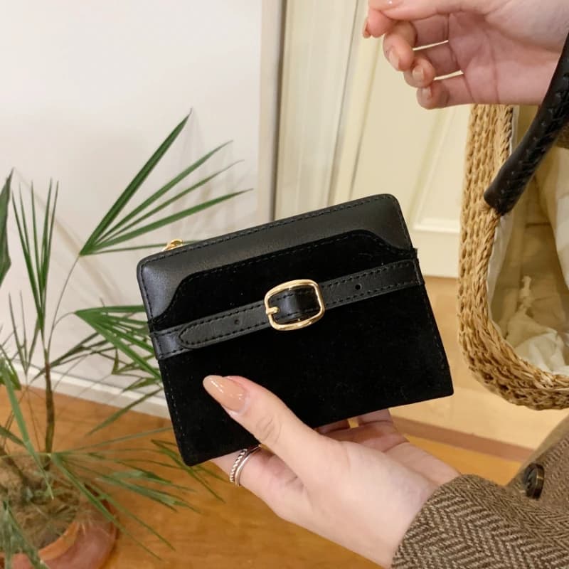 Nuovo Portafoglio Premium in Pelle a Due Pieghe, Marrone con Inserti in Camoscio, Portafoglio Corto da Donna, Elegante e Semplice con Fibbia, Porta Carte e Portamonete