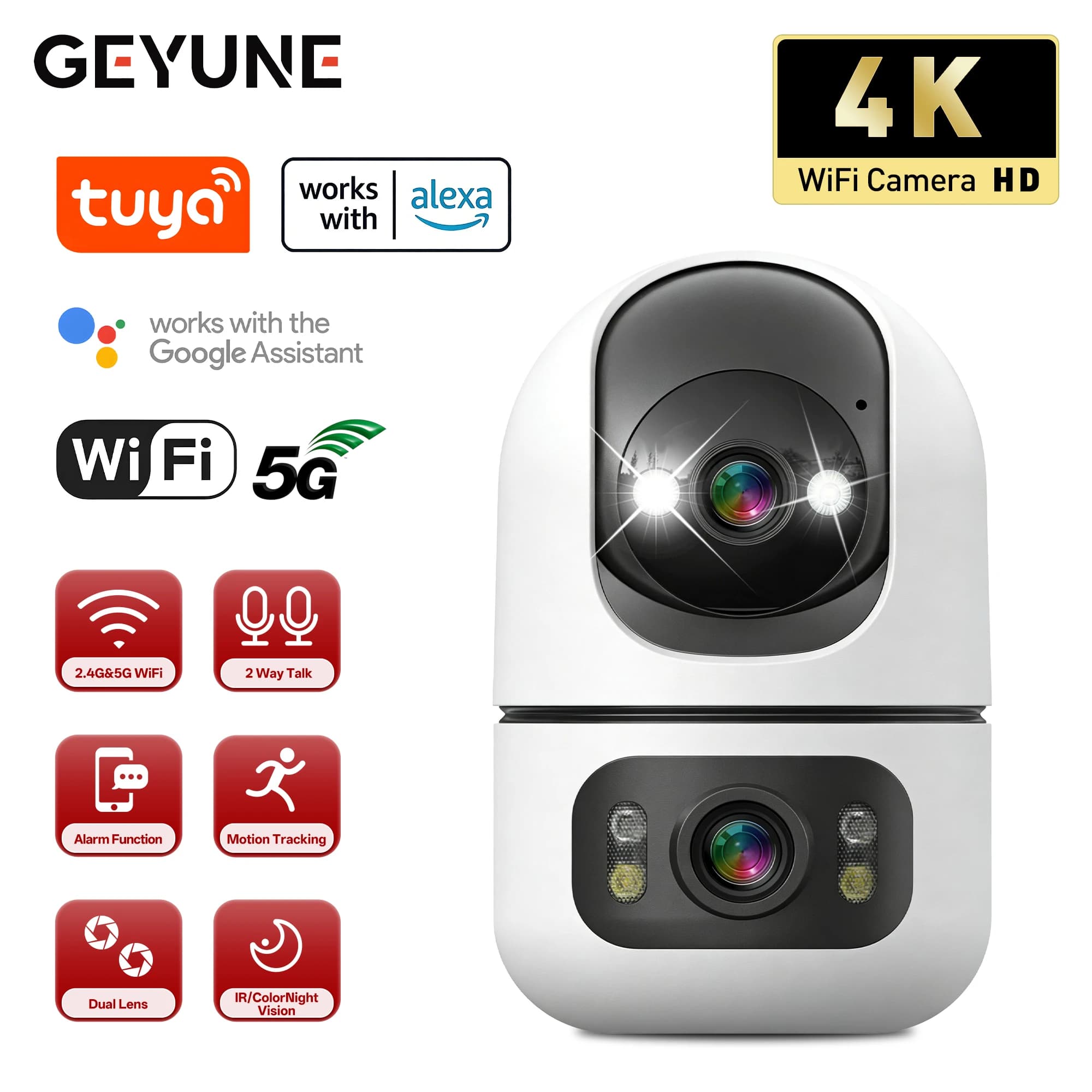 Telecamera Tuya 5G WiFi a Doppia Lente per Interni 4K 8MP, Telecamera per Animali Domestici con Tracciamento Automatico, Monitor per Bambini, Visione Notturna a Colori, Sorveglianza di Sicurezza