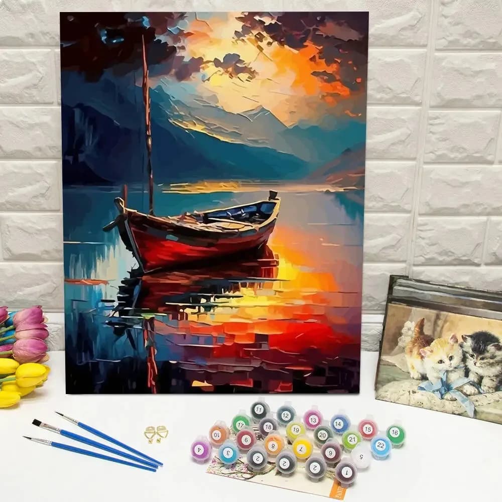 1pc frameless DIY Painting By Numbers Boat Digital Oil Painting Lake Mountain Coloring By Numbers Scenery Acrylic Paint On Canva