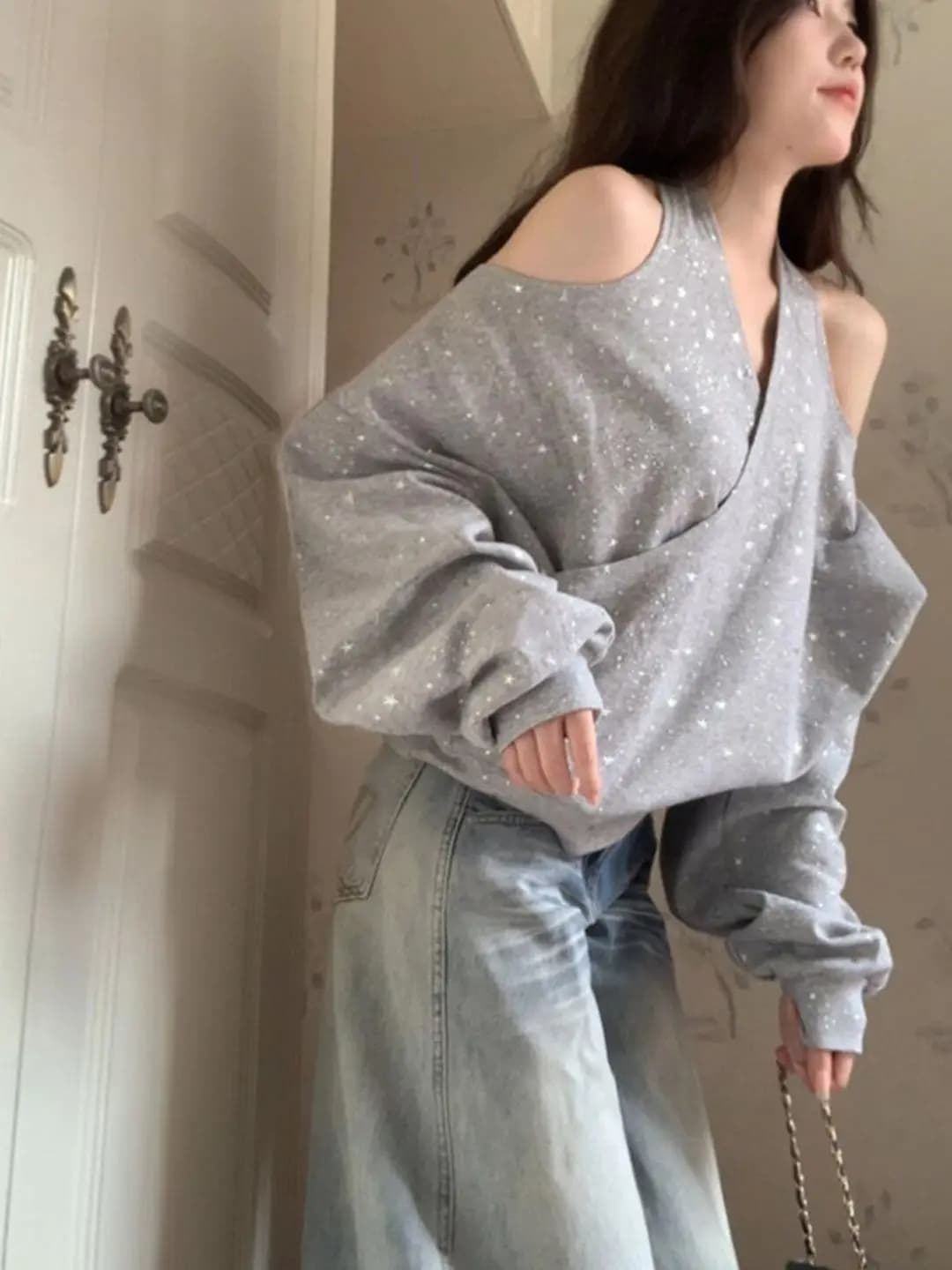 Loose V-Neck ShoulderBared Grey Hoodie Women's SpringAutumn New Style Long Sleeve KoreanLazyAesthetic Neck TieDye Print Top