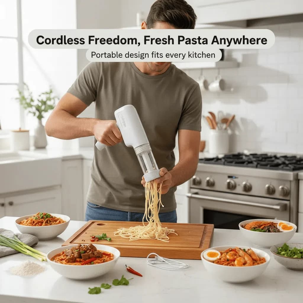 Handheld electric pasta machine, portable noodle machine with 6 noodle molds and cutters, automatic dough press