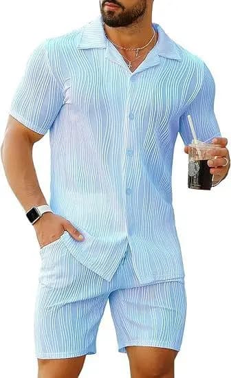 Completo da uomo 2 pezzi: camicia a maniche corte con bottoni e pantaloncini, set casual stile streetwear americano, alla moda, tuta estiva