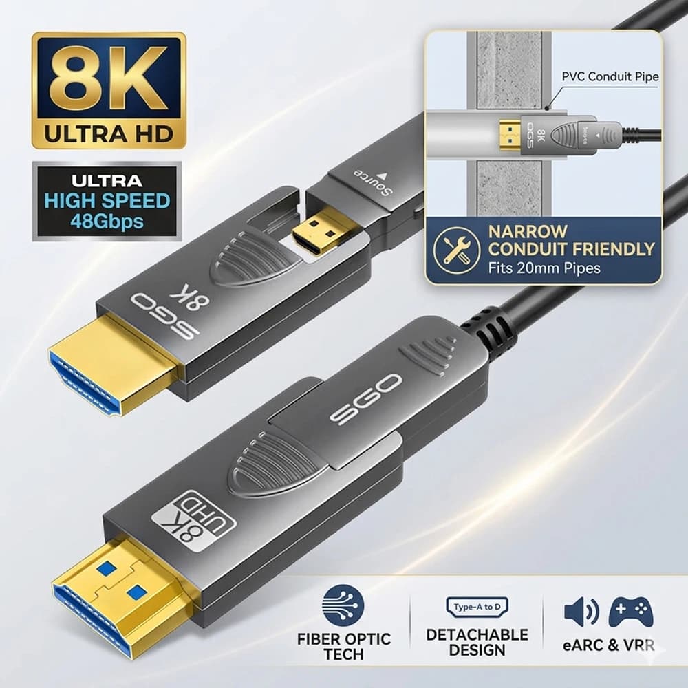 8K Optical HDMI 2.1 Cable with Detachable Zinc Alloy Connectors, Easy for Wall Pipe Threading, 48Gbps Dynamic HDR eARC