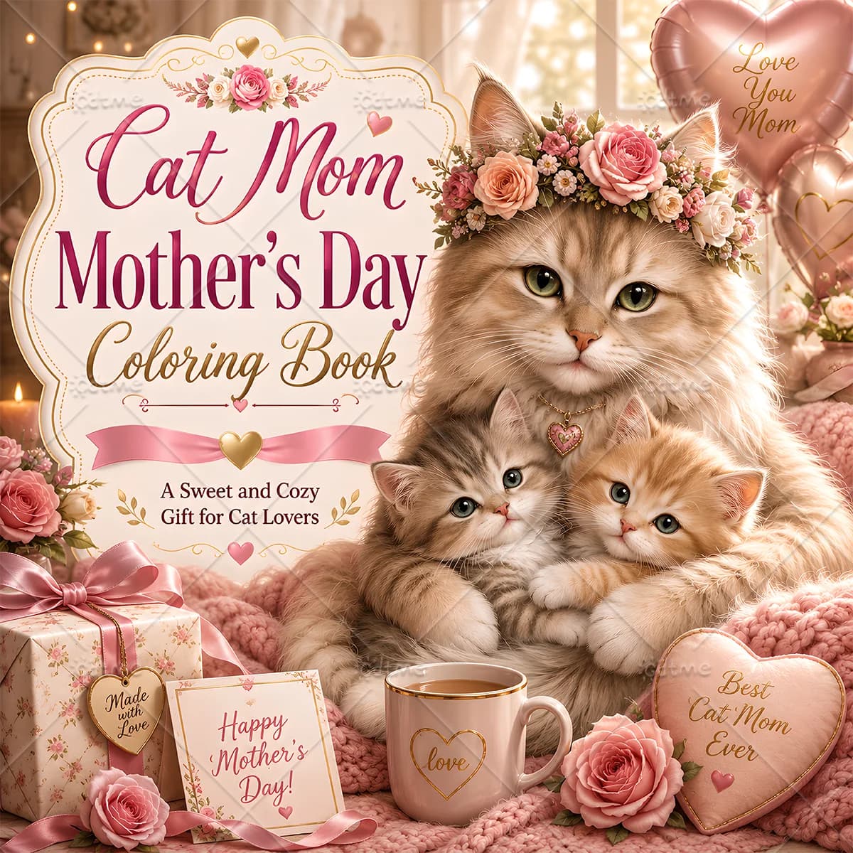 Cat Mom Mother’s Day Bold-easy Patterns Coloring Book for Adults Cute Drawing Book Perfect Gift for Party and Birthday