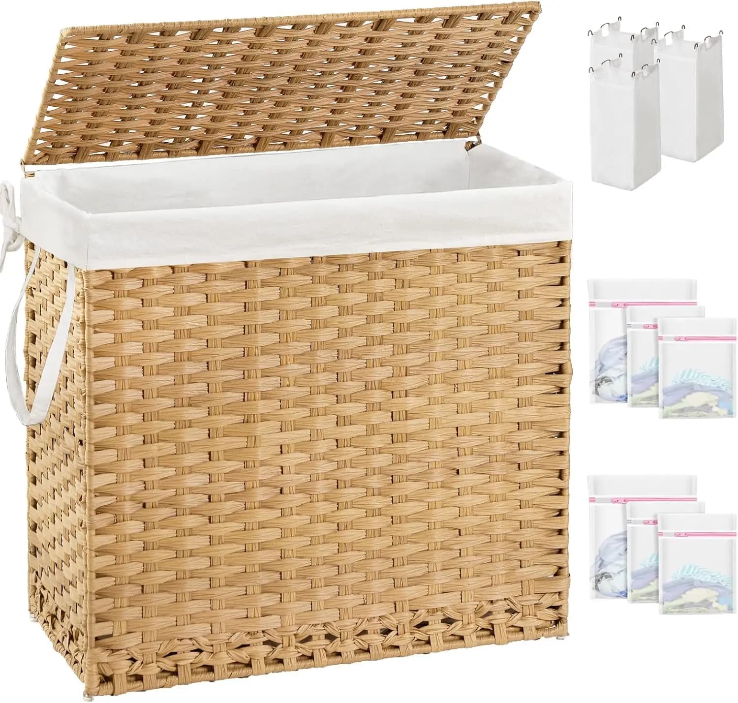 Cesto portabiancheria grande da 35 galloni in vimini con coperchio, cesto in rattan intrecciato a mano, 4 fodere rimovibili e 6 sacchi in rete per la cernita, maniglie per un facile spostamento, pieghevole