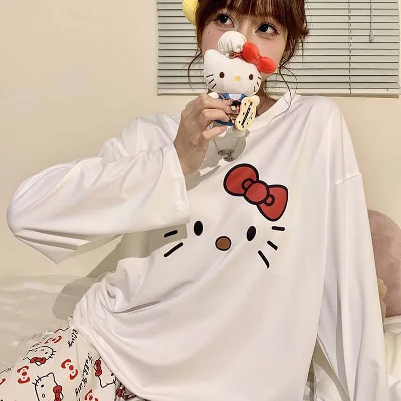 Kawaii Hello Kittys Pigiama da donna Set Primavera Autunno Anime Pantaloni a maniche lunghe Set da due pezzi Ragazze Homewear Casual Loungewear allentato