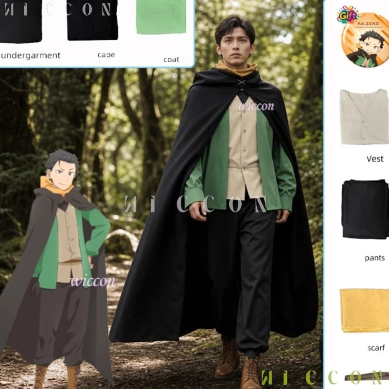 Nuovo Set Cosplay Re:Zero S4 Natsuki Subaru Knight 2026 – Parrucca + Sciarpa + Mantello + Foulard, Costume Anime da Uomo per Halloween