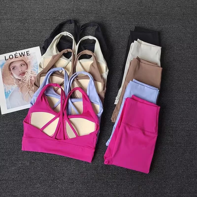 Solid Color Gym Fitness Women Yoga Set 2-Piece Seamless Cross Back Sports Bra High Waisted Leggings Pant Workout Set Sportswear