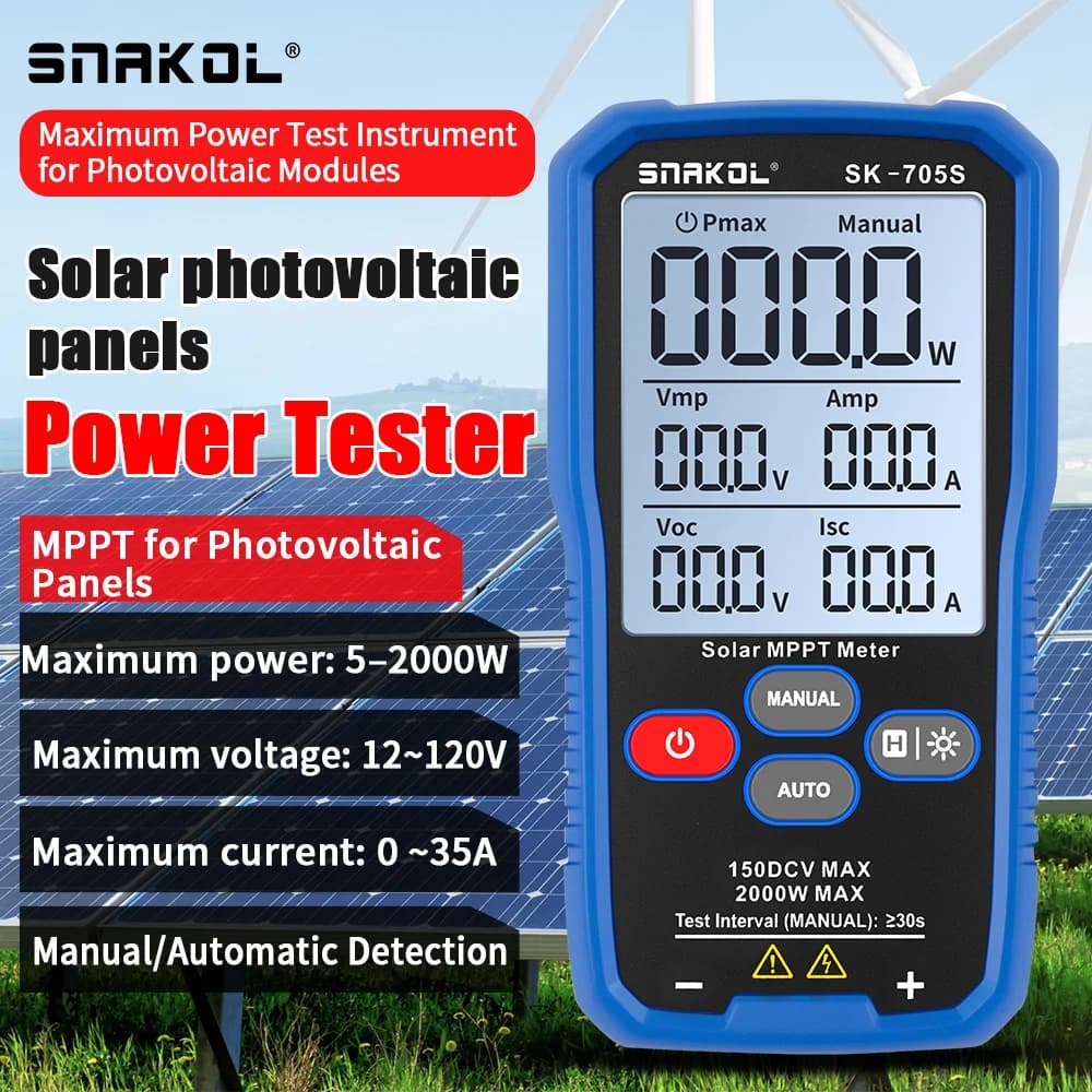 Misuratore Solare MPPT SK-705, Multimetro Fotovoltaico, Tester di Potenza Massima 1000W per Moduli FV, Tensione a Circuito Aperto, Corrente a Cortocircuito