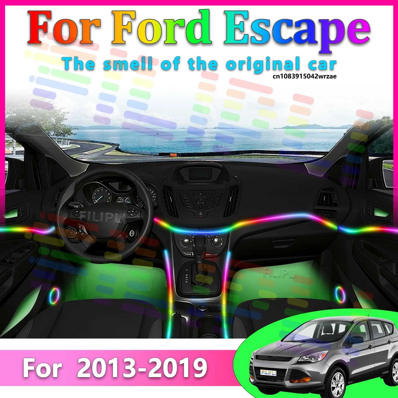Luci Ambientali LED per Ford Escape 2013~2019, Illuminazione Atmosferica Colorata, Striscia Neon per Interni Auto, Controllo App, 64 Luci RGB