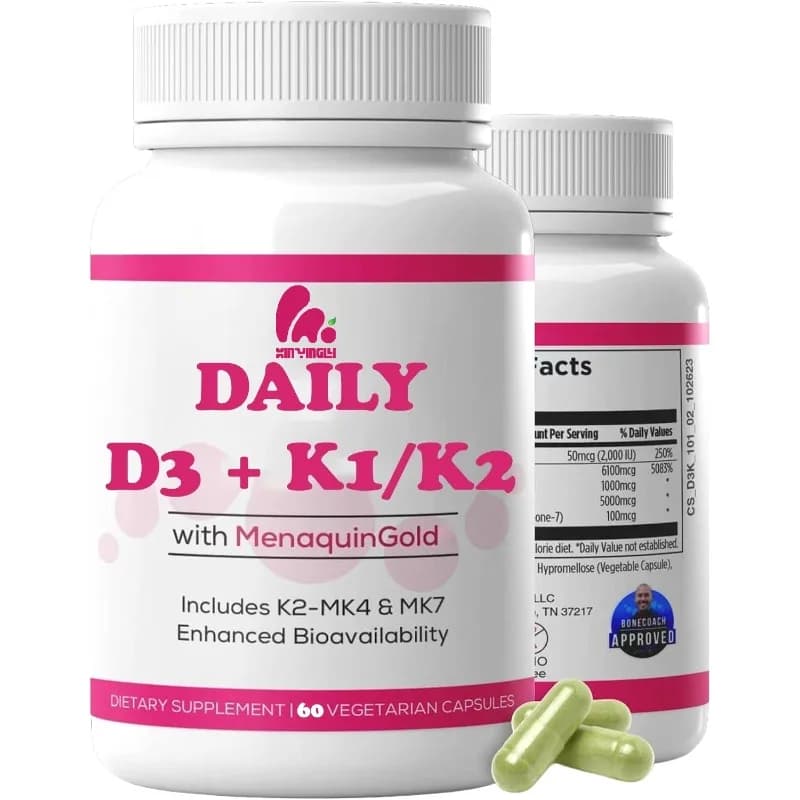 Vitamin D3 K2 supplements promote calcium absorption, bone and immune system health - 60 capsules