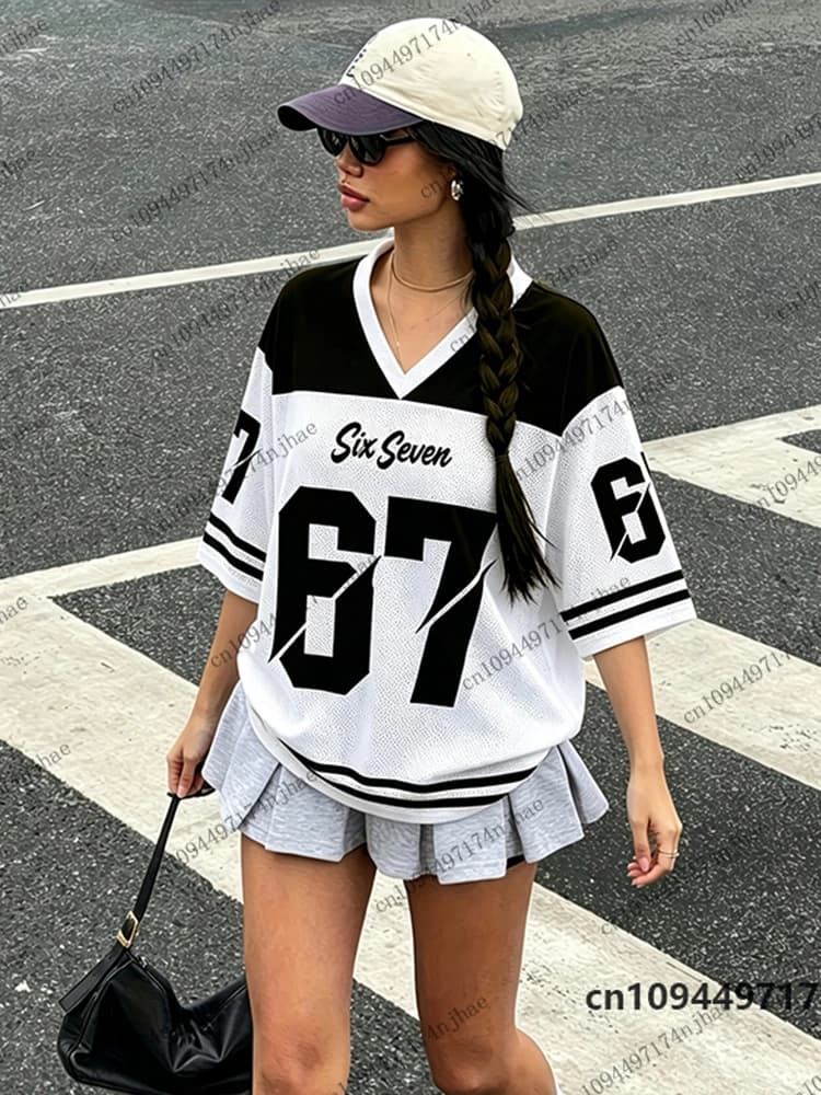 Summer New Six Seven 67 Print T-Shirt For Women Patchwork Short Sleeve V-Neck Sports Tees Football Jersey Y2K Streetwear Tops