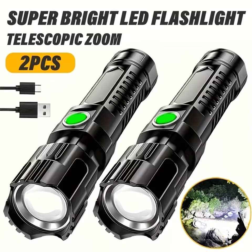 Torcia LED Super Luminosa Ricaricabile USB con Batteria Integrata, Zoom Telescopico, Lanterna per Escursionismo e Pesca all'Aperto