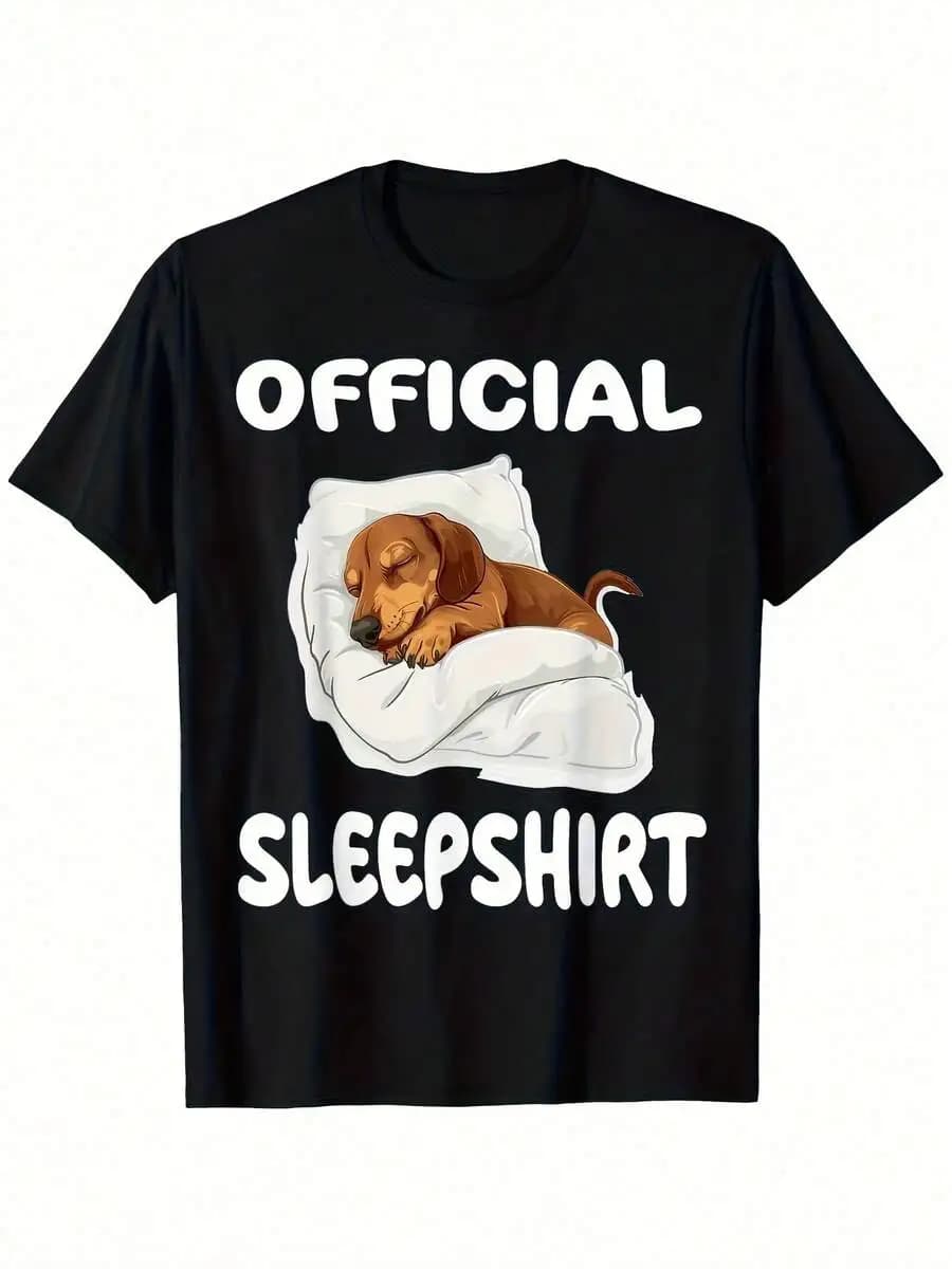 Official Sleepshirt Dachshund Dog Print T-Shirt For Adults Casual Short Sleeve Round Neck Black