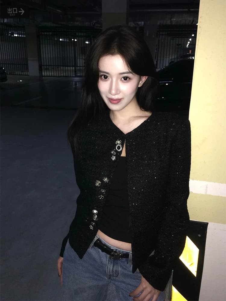 Syj Shuyijia Heavy Work Irregular Multi-Button Short Jacket Women's Elegant Quality Top Buttoned High Waist Autumn Long Sleeve