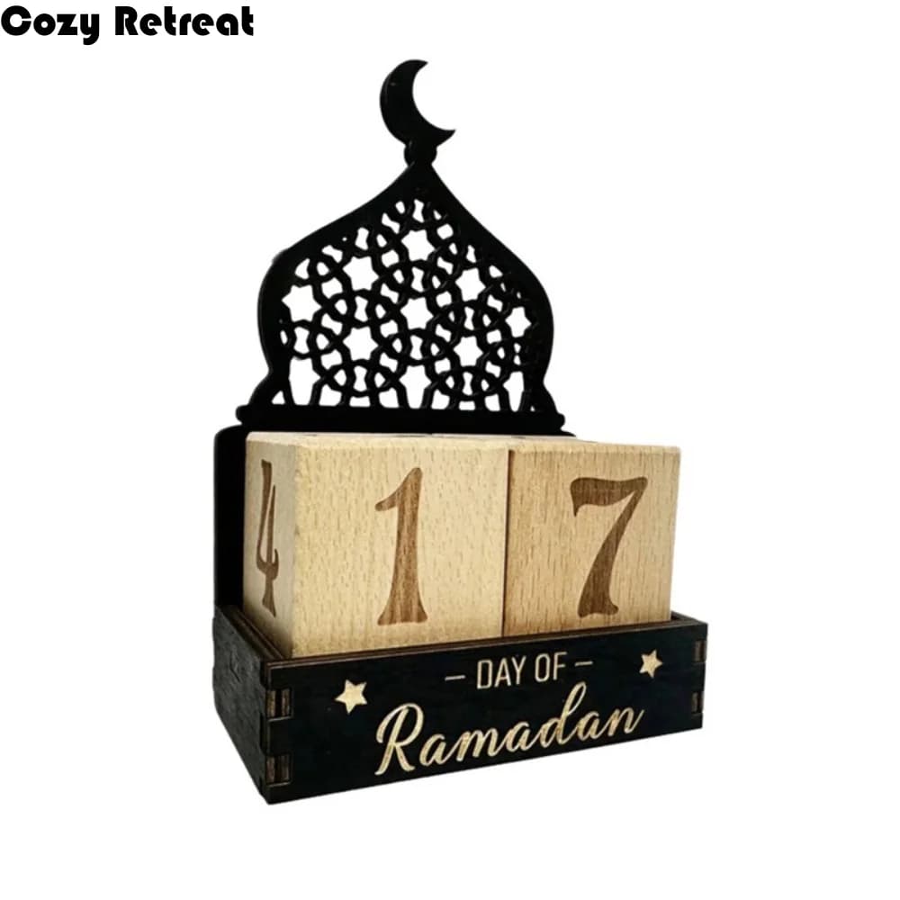 Calendario in Legno Eid Mubarak con Blocchi a Forma di Luna e Castello, Date Regolabili, Conto alla Rovescia per il Ramadan, Calendario Decorativo per Eid Al-Fitr