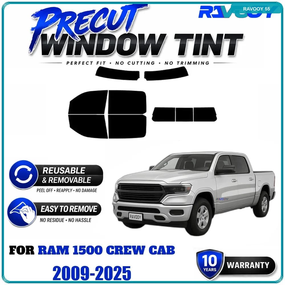 RAVOOY Precut Window Tint, Reusable Removable EPU Film, Custom Fit for Ram 1500 Crew Cab 2009-2025, UV Heat Protection