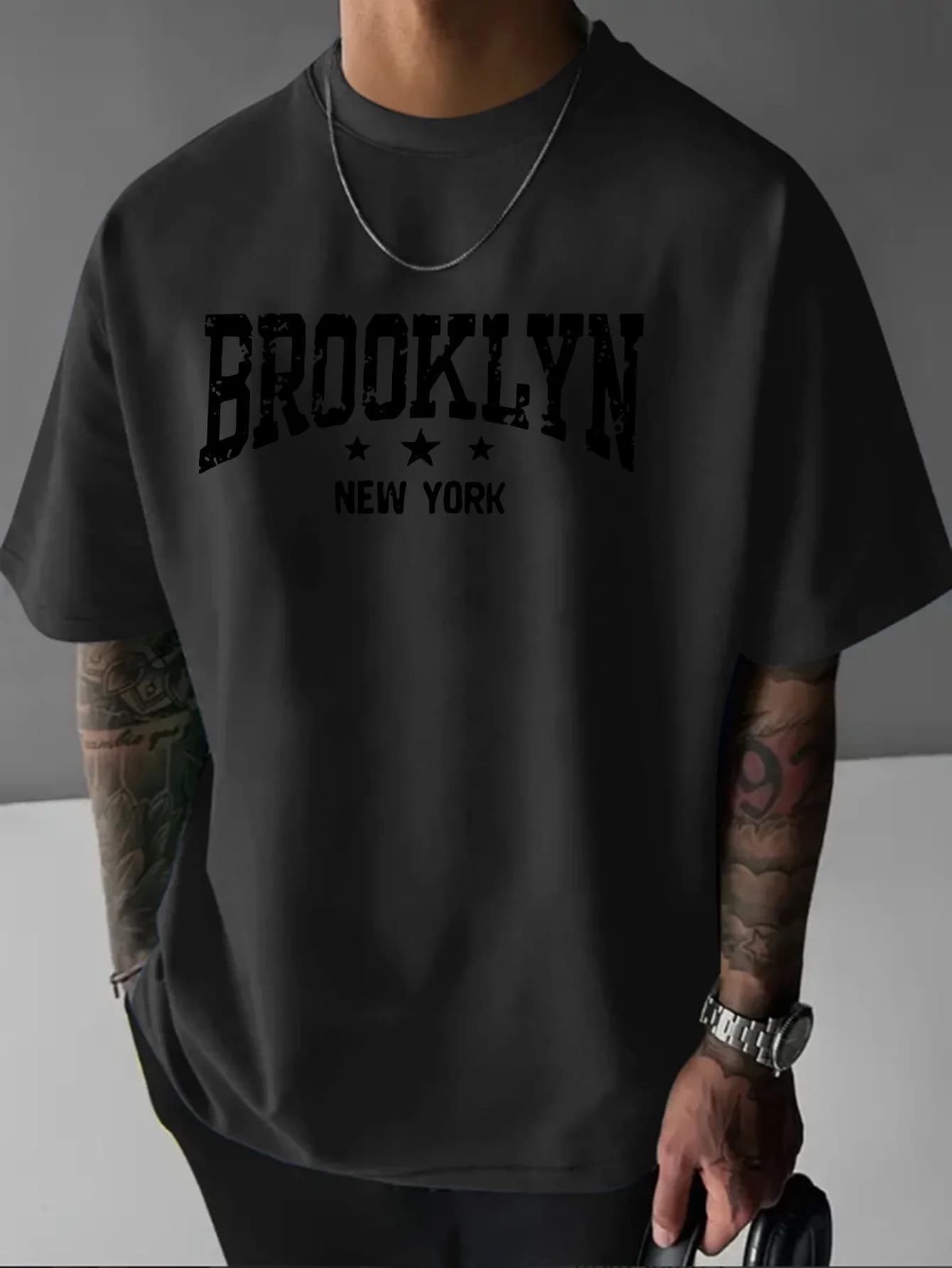 T-shirt da uomo a maniche corte girocollo stampata con motivo Brooklyn New York allentato casual alla moda in puro cotone al 100%