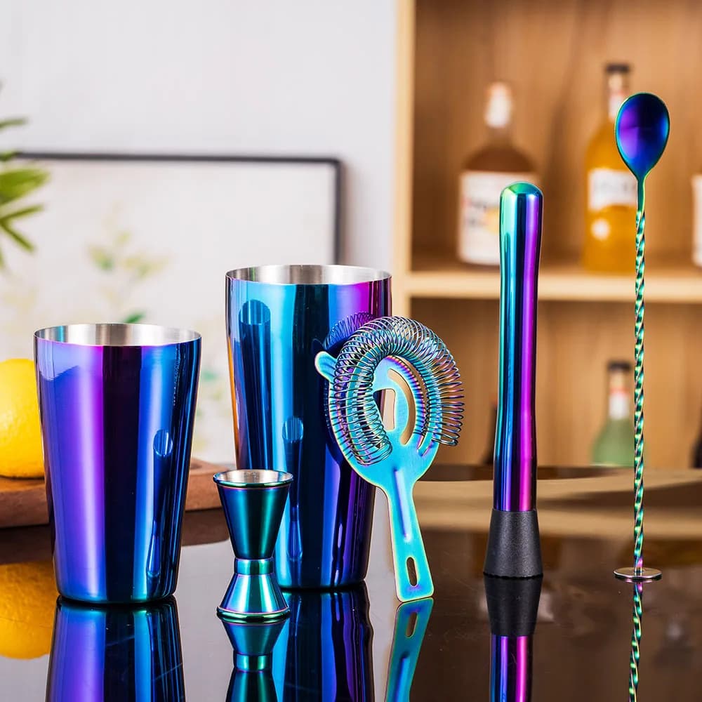 5 piece rainbow cocktail shaker bar set, Boston shaker jars in stainless steel, bar kit, beverage mixer, party bar tools