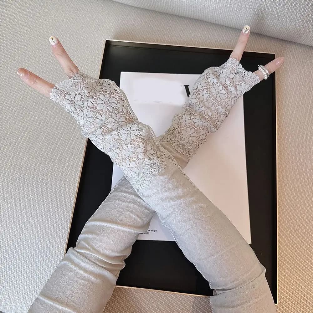 Anti-UV Lace Ice Silk Sleeves UV Insulation Long-sleeved Glove Sunscreen Sleeve Arm Covers Sun Protection Cycling Gloves Women