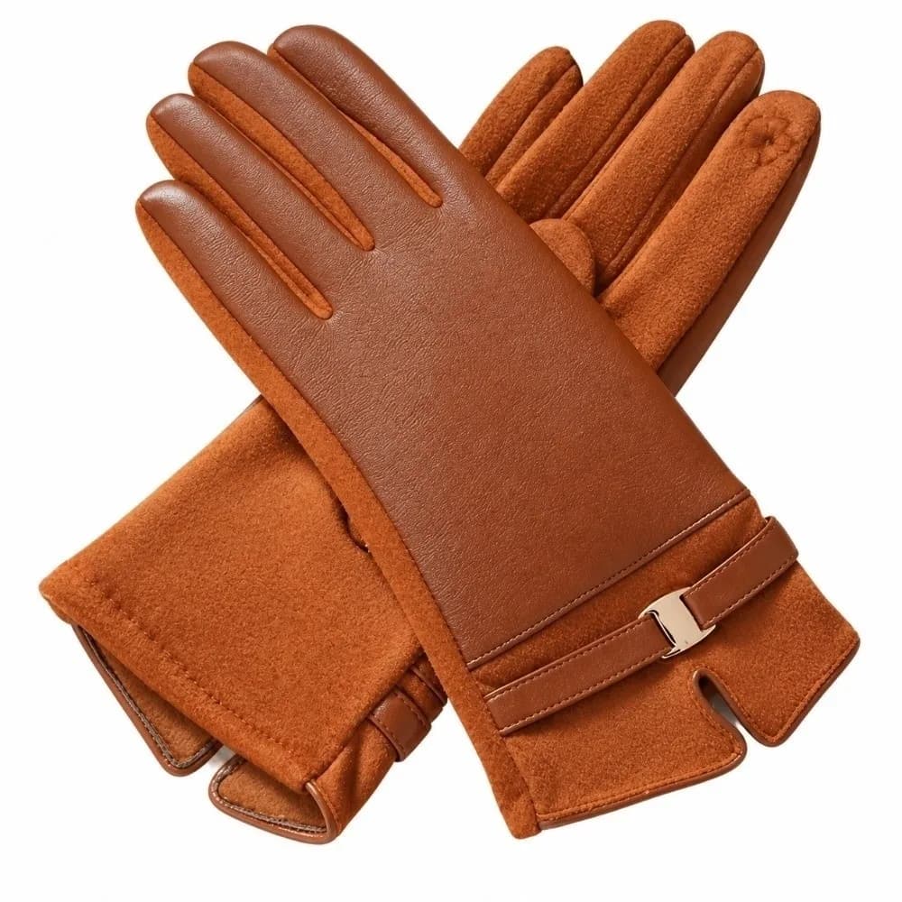 Fleece Lined Leather Gloves Elegant Style Metal Buckle Touchscreen Gloves Solid Color Anti-splash Water Winter Mittens
