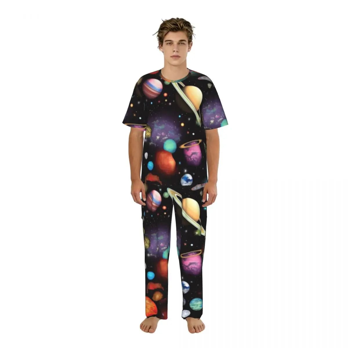 Pigiama da uomo a maniche corte, due pezzi, con pantaloni, Space Planets Stars And Comets, abbigliamento da casa, pigiama