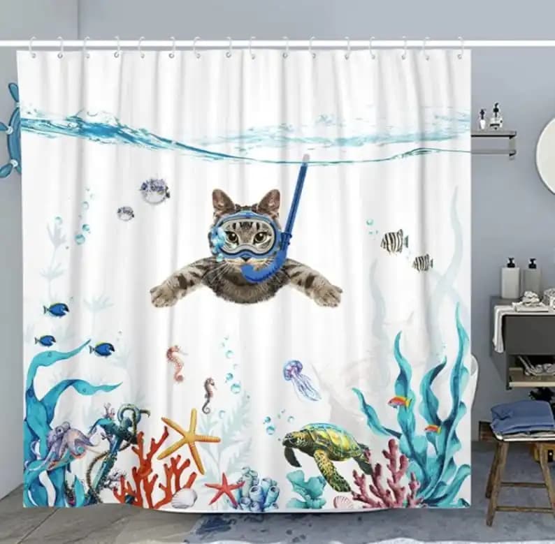 Funny Diving Cat Shower Curtain Sea Ocean Waterproof Fabric Shower Curtains for Bathroom Decor Animal Fish Turtle Curtain