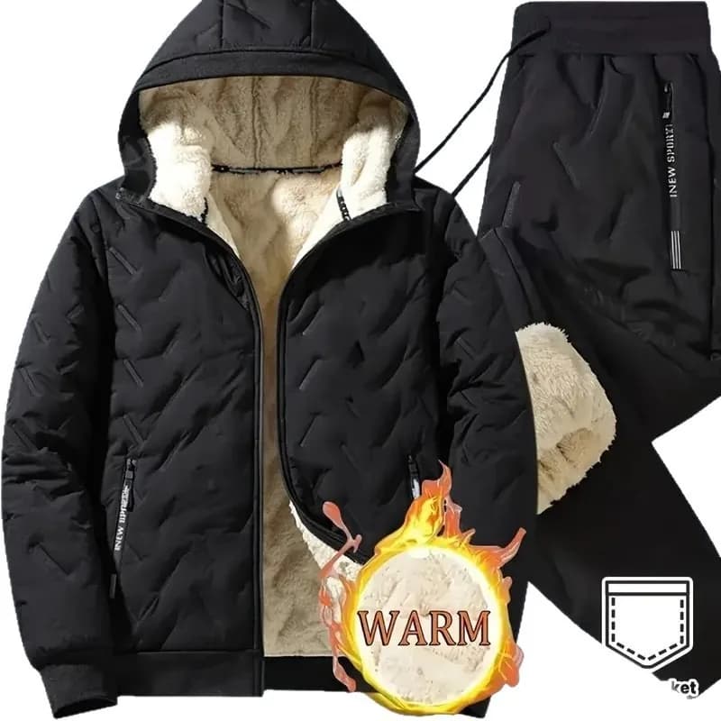 Men Winter Fleece Lined Warm Sports Set Zip Pockets Drawstring Design For Daily Casual Wear