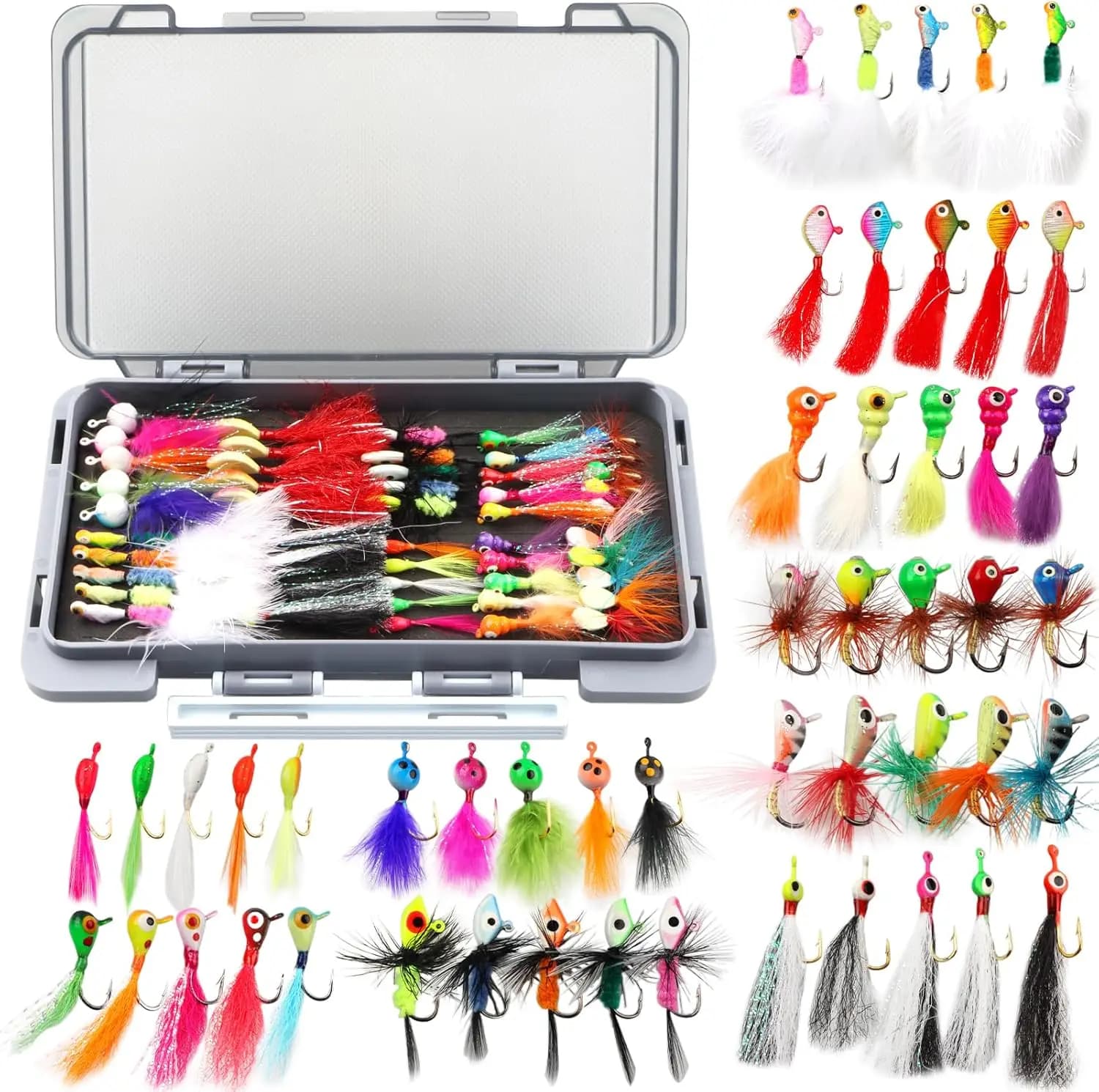 Kit di esche per la pesca sul ghiaccio con 100 esche, scatola porta attrezzi per Walleye Panfish Crappie - Regali ideali per uomini