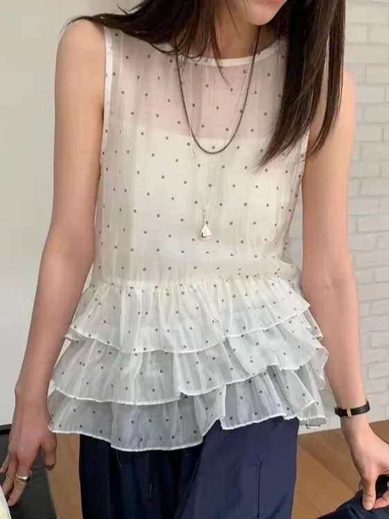 Gilet Chic Senza Maniche con Volant a Pois, Moda Donna Primavera 2026, Blusa Giovanile e Carina con Scollo Rotondo, Altri Materiali