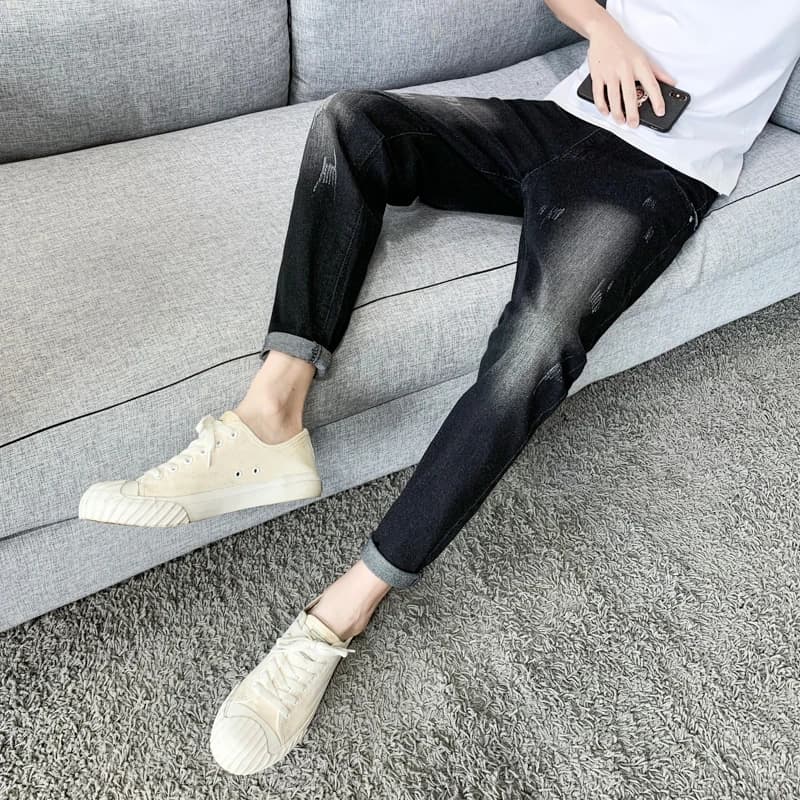 Jeans da uomo slim fit in denim sottile, casual, neri, a lunghezza 7/8, pantaloni primaverili autunnali alla moda per il tempo libero giovanile