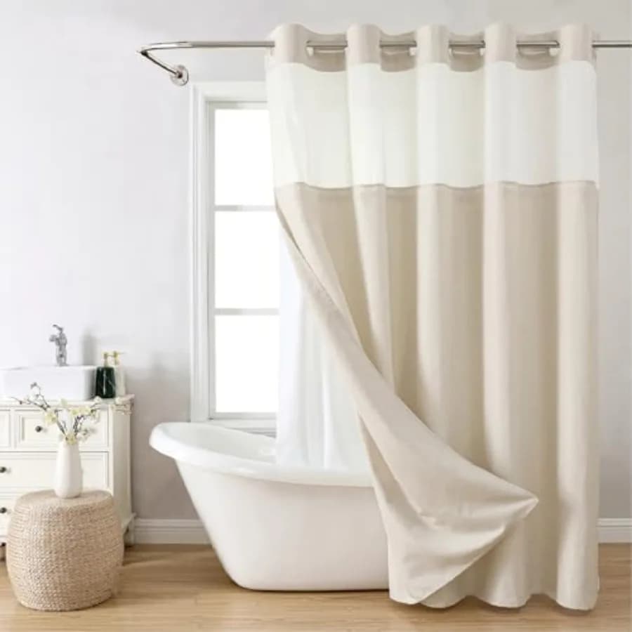 No Hooks Polyester Textured Shower Curtain with Snap-in Fabric Liner Set, Hotel Luxury Decor Shower Curtains for Bathroom with