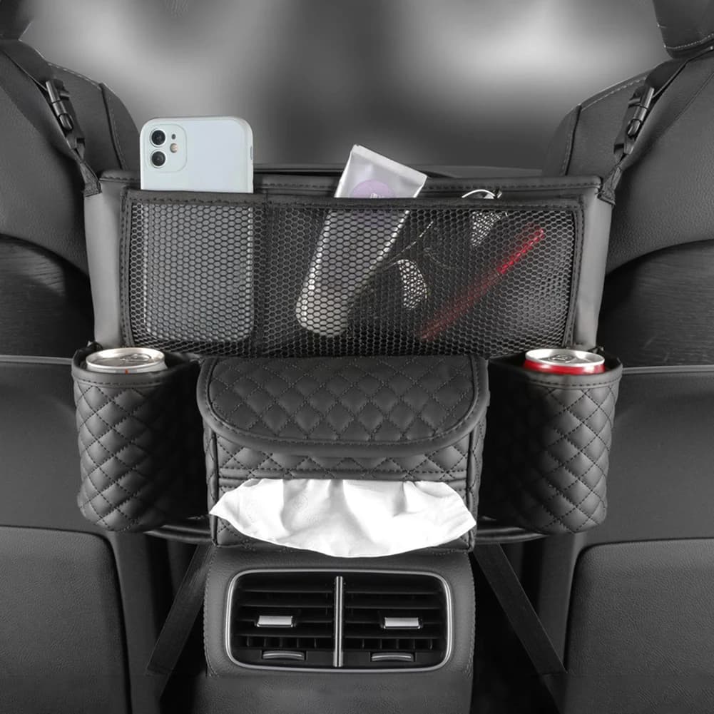 Borsa portaoggetti per sedile auto in pelle PU, organizer da appendere per vano centrale, porta cellulare, fazzoletti, bevande e borsa, accessori interni per auto