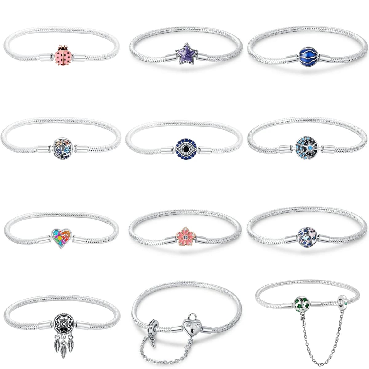 925 Silver Snake Chain Charm Bracelet for Women, Ladybug/Star/Evil Eye/Dreamcatcher Clasp DIY Bracelet Fit European Charms, Gift