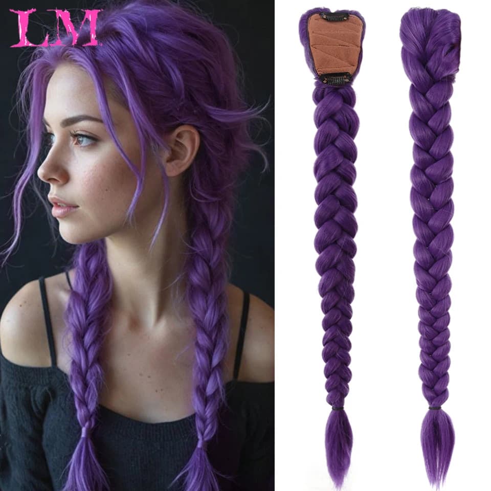 LM Estensioni per Capelli Intrecciati Viola da 26 Pollici per Bambini, Trecce Lunghe Viola per Cosplay, Uso per Feste di Natale, Parrucca Viola