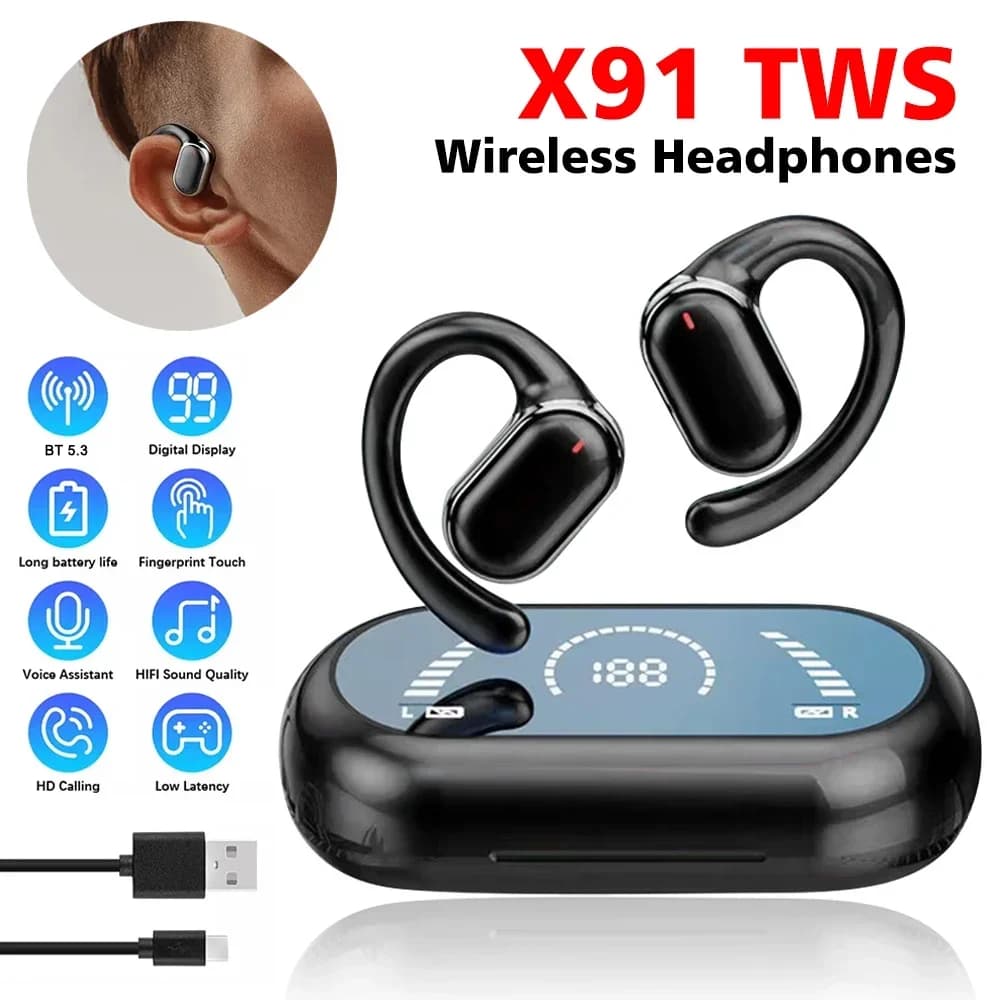 Auricolari X91 OWS con Gancio per Orecchio, Bluetooth 5.3, Bassa Latenza, Cuffie da Gaming e Sport, Stereo HiFi con Riduzione del Rumore