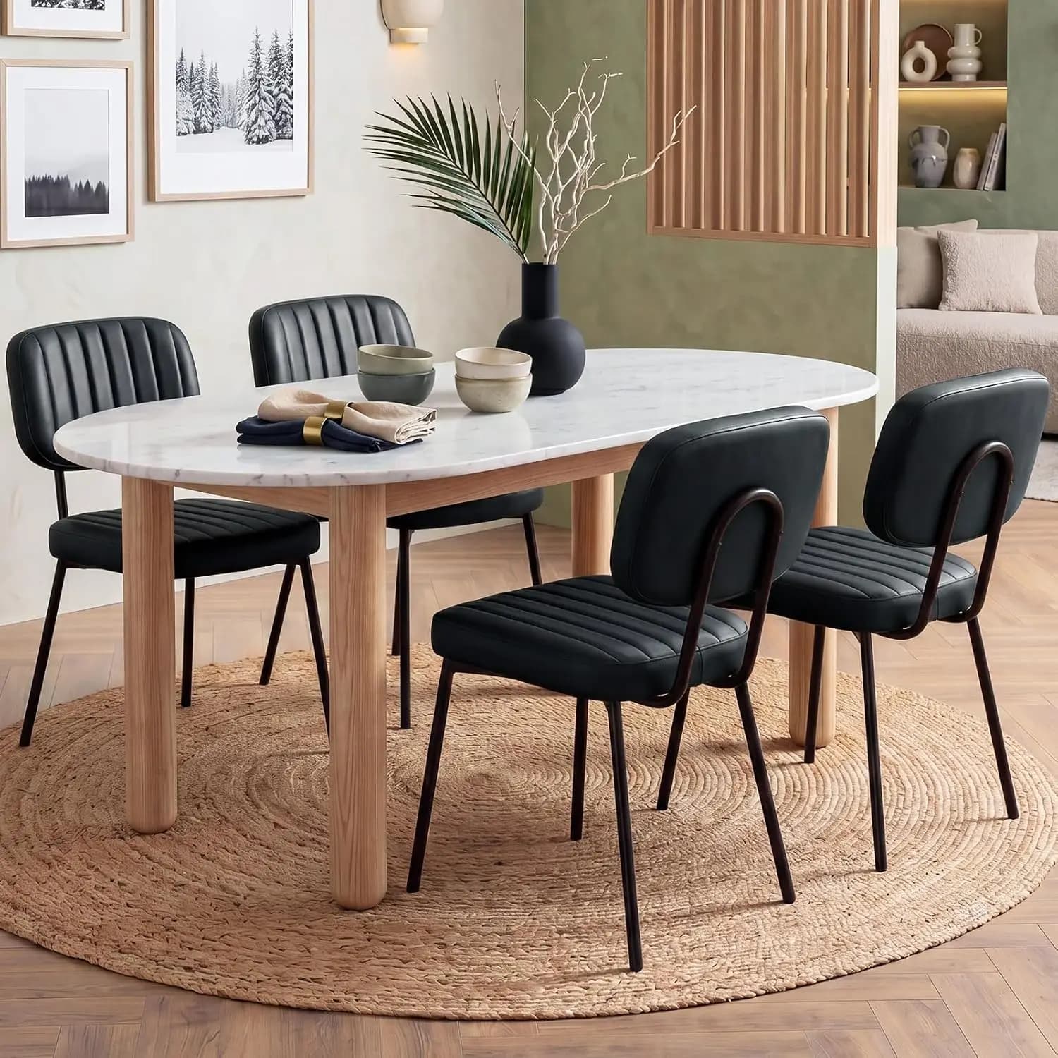 Modern Dining Chairs Set of 4, Upholstered Faux Leather Cushion Seat, Metal Legs for Kitchen Living Room, Black