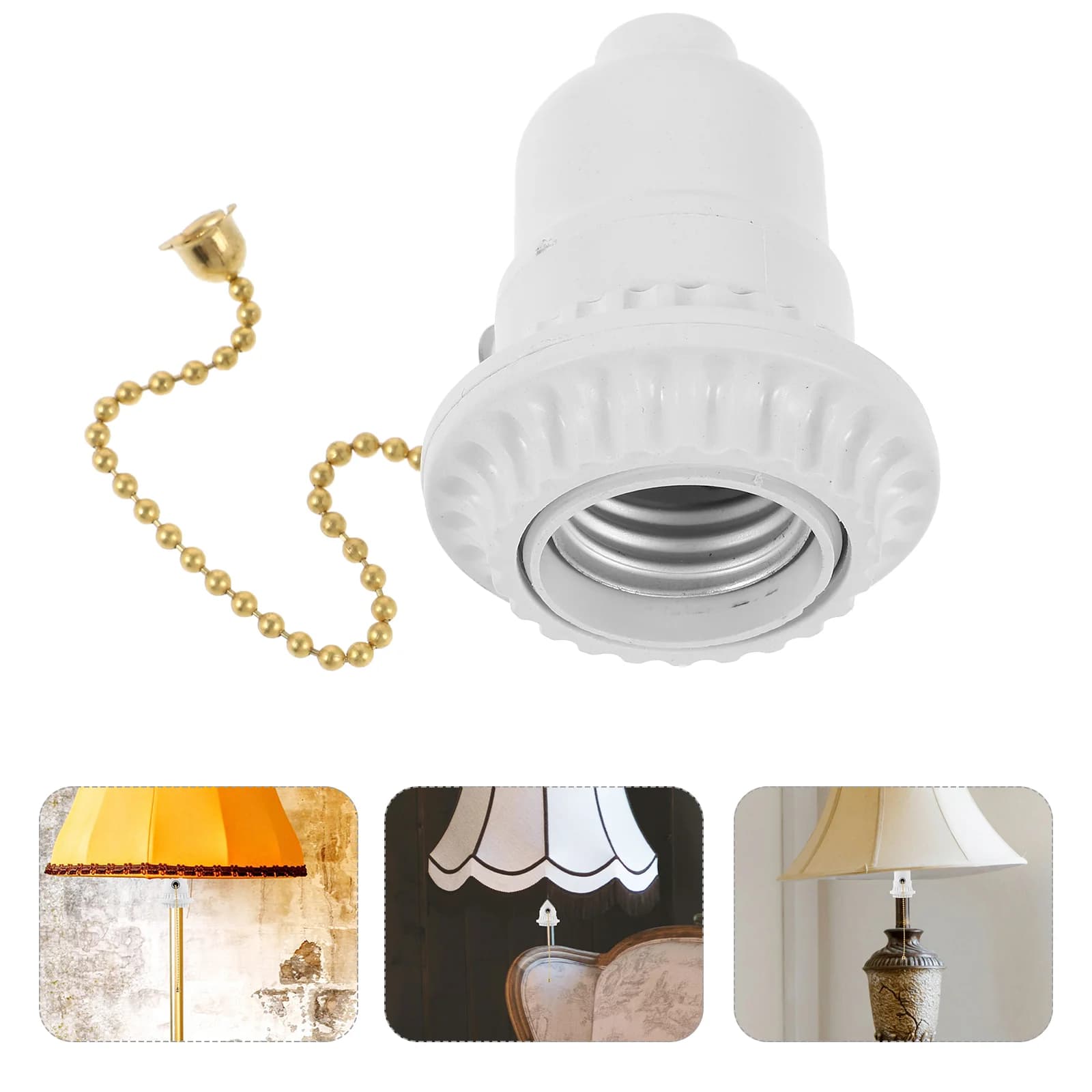 Portalampada a vite bianco con interruttore a catenella dorato a doppio anello, base per lampada con tirante