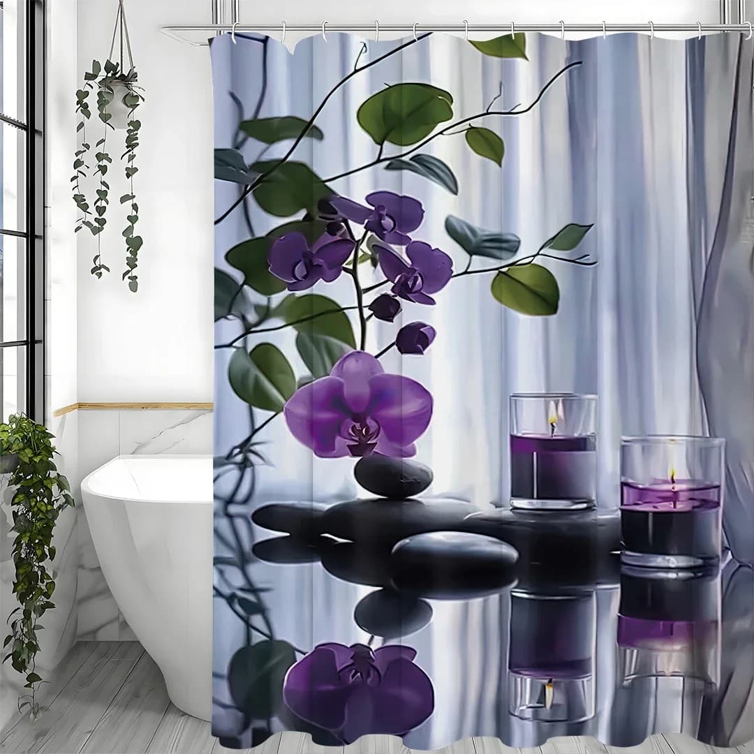 Tenda da doccia Zen Spa Healing in pietra nera e glicine, tenda da doccia decorativa per il bagno, tenda da doccia impermeabile con gancio