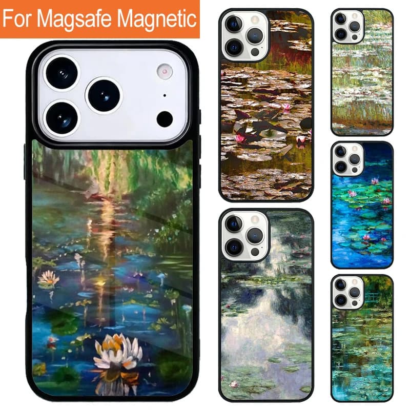 Custodia per telefono con ricarica wireless magnetica Monet Garden Lotus per iPhone 17 Pro 16 15 13 12 11 Pro Max Air 14 Plus con cover MagSafe