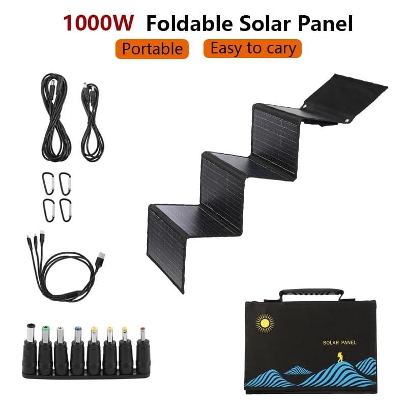 Borsa pieghevole per celle solari portatili con pannello solare pieghevole da 1000 W con USB + DC 18 V per escursioni all'aperto, campeggio, ricarica del telefono cellulare