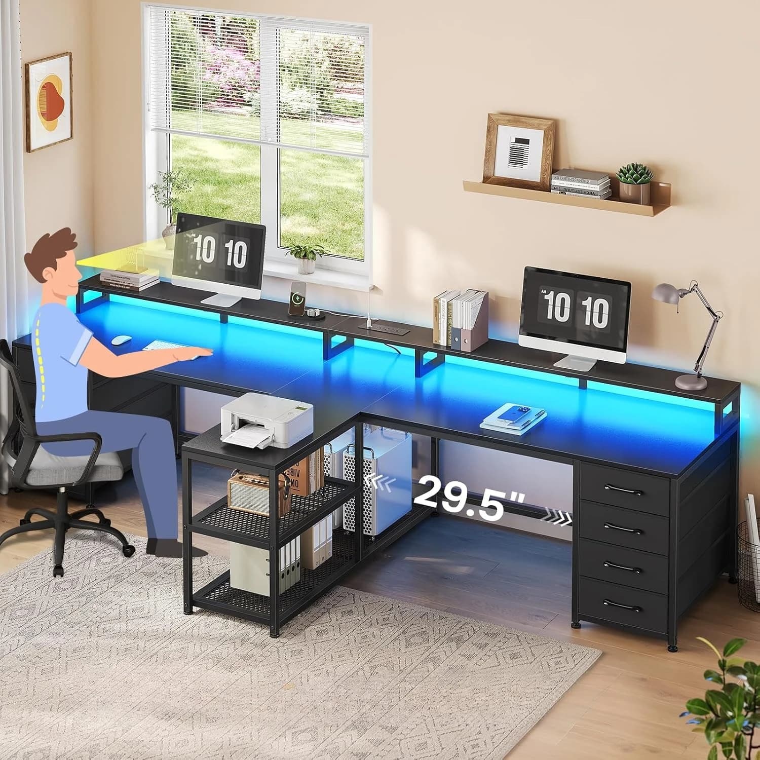 Scrivania da Gaming per 2 Persone 240 cm, Scrivania per Computer da Ufficio Lunga con 8 Cassetti e Luce LED, Scrivania per Due Persone con Spazio di Archiviazione, Personalizzabile