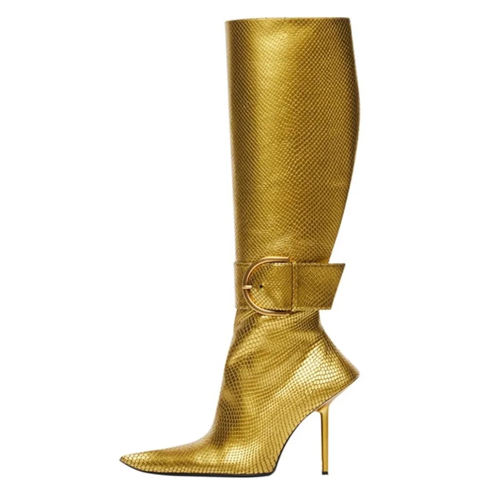 Personalized Pointed Metal Buckle Shaped High Heel Walk Tall Boots Fall and Winter New Large Size Side Pull Long Boots