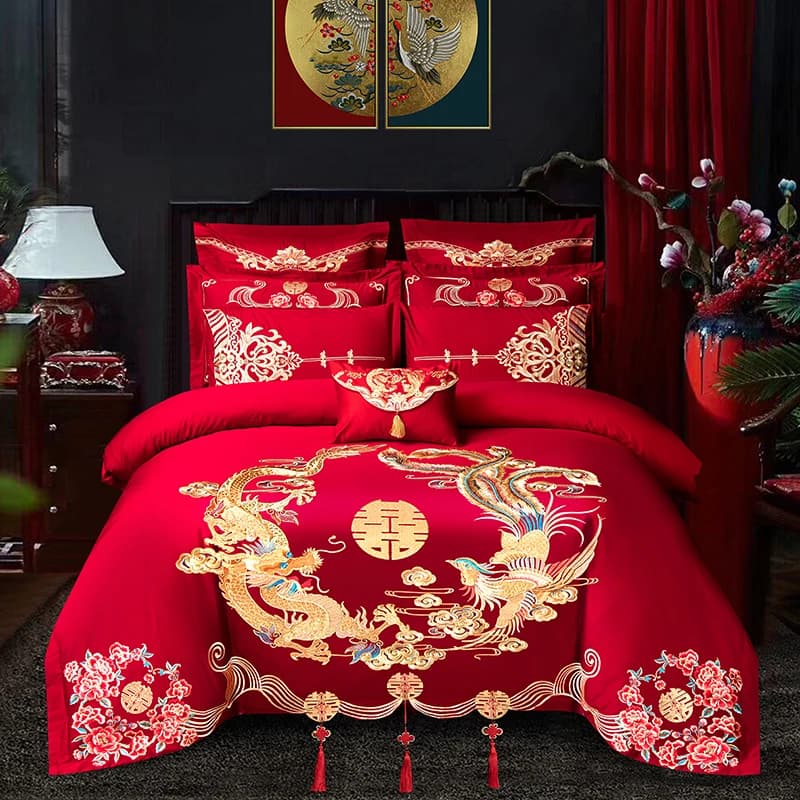 Bed linen set for Chinese wedding red Luxury Loong Phoenix Embroidery Cover Bed linen 100% cotton Home textiles