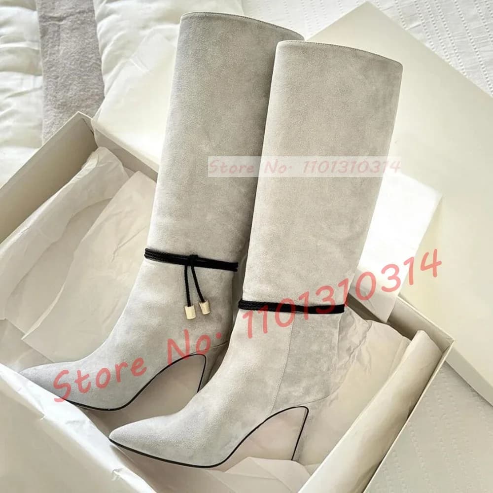 Stylish high knee boots in grey suede fashion woman comfortable shoes with women's stiletto heel Streetwear boots with ankle crossed strings