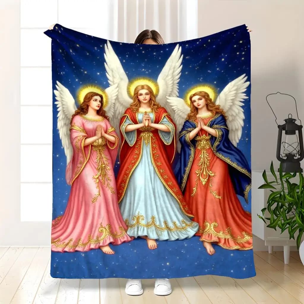 Angel Print Flannel Fleece Throw Blanket - Soft Polyester All-Season Cozy Bedspread, Reversible Cartoon Design with 3 Angels in