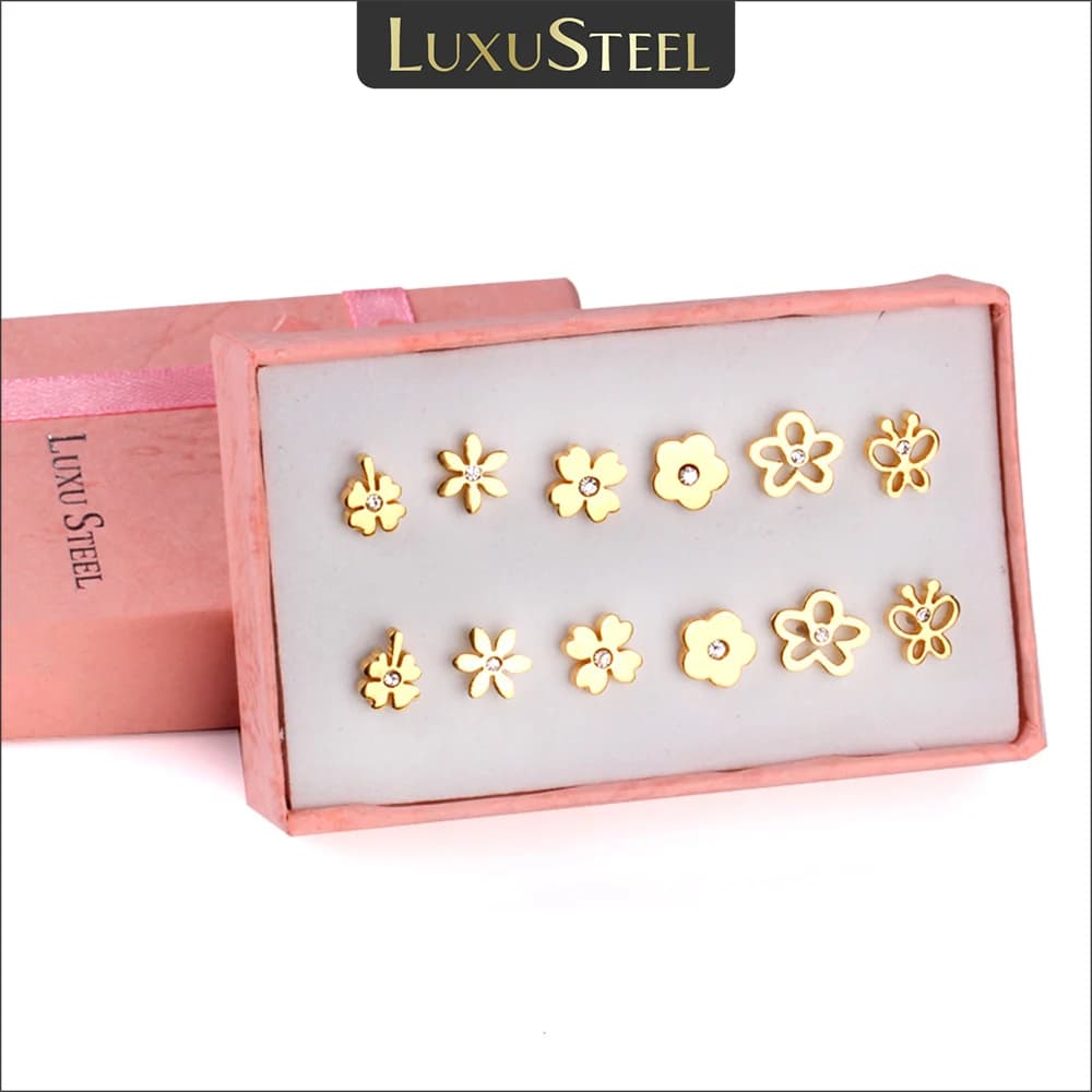 LUXUSTEEL 6 paia/scatola di orecchini in acciaio inossidabile con zirconi per donne e ragazze, set di orecchini a perno, regali di compleanno