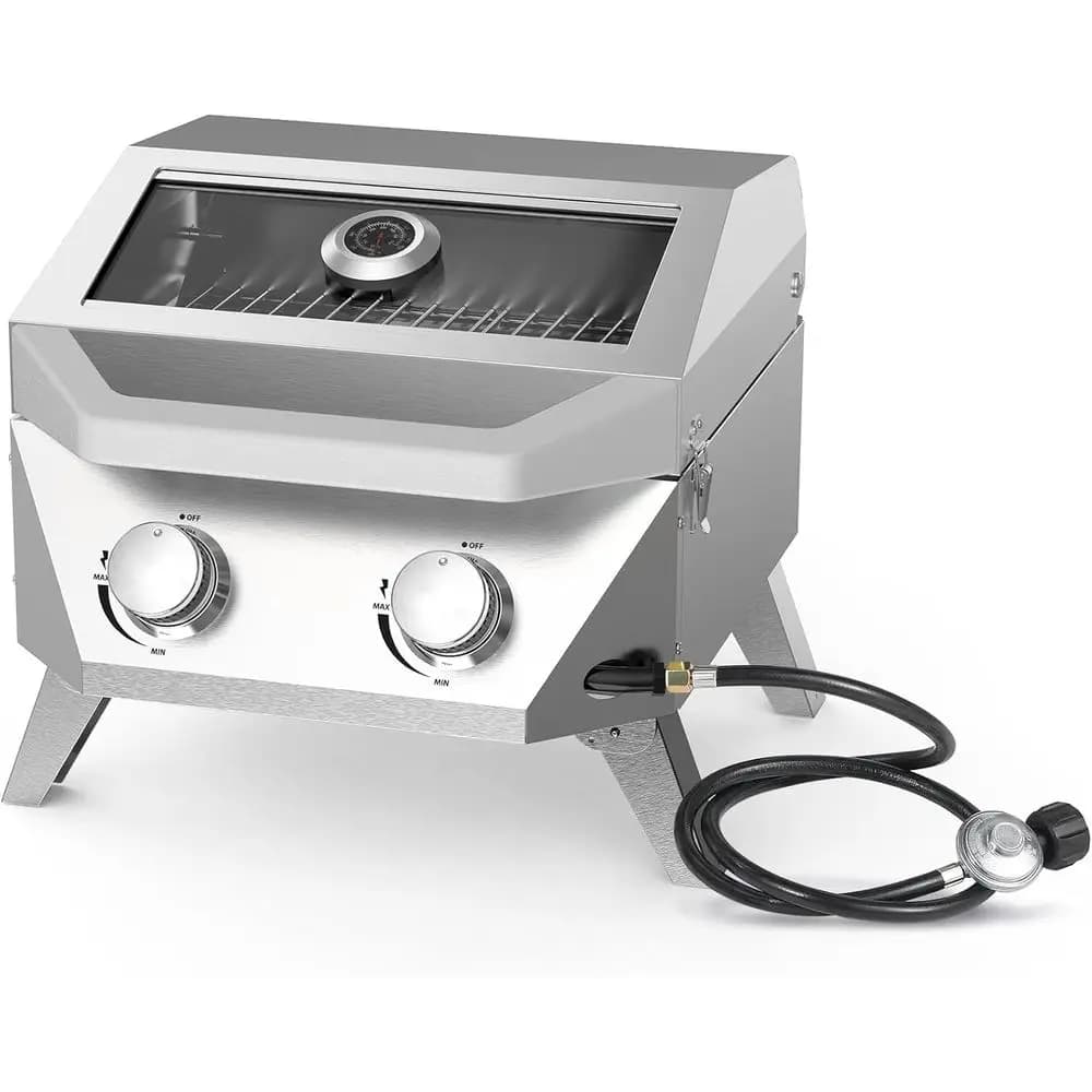 Grill a Gas da Tavolo con 2 Bruciatori e Coperchio in Vetro Trasparente, Barbecue Portatile in Acciaio Inox da 20.000 BTU con Termometro, Accensione a Pulsante